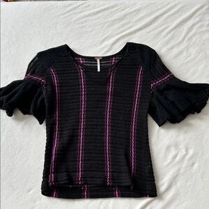 Free People Black Knit Top with Purple Stripe Accents